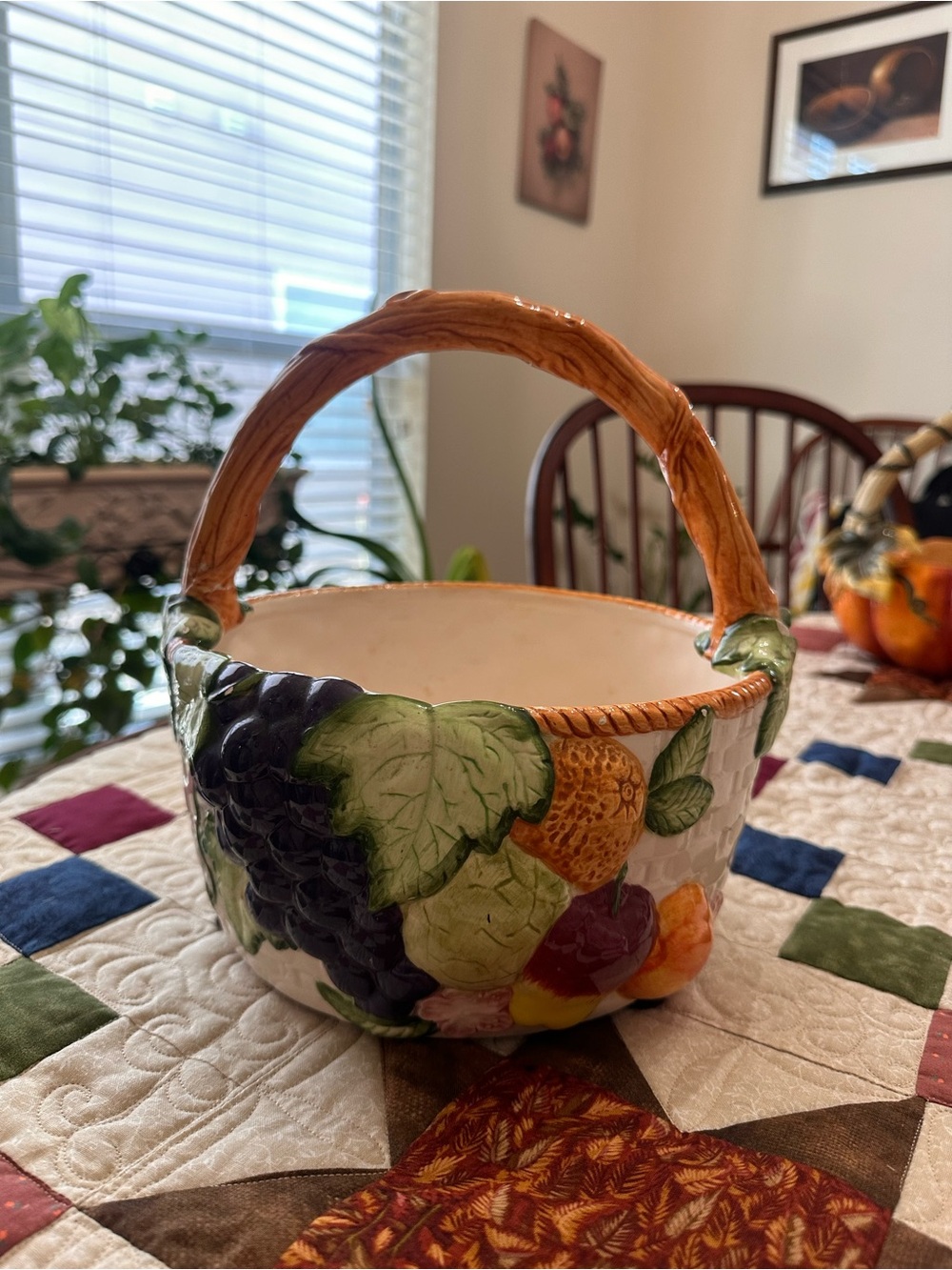 Hand-Painted Fruit Ceramic Basket with Orange Handle
